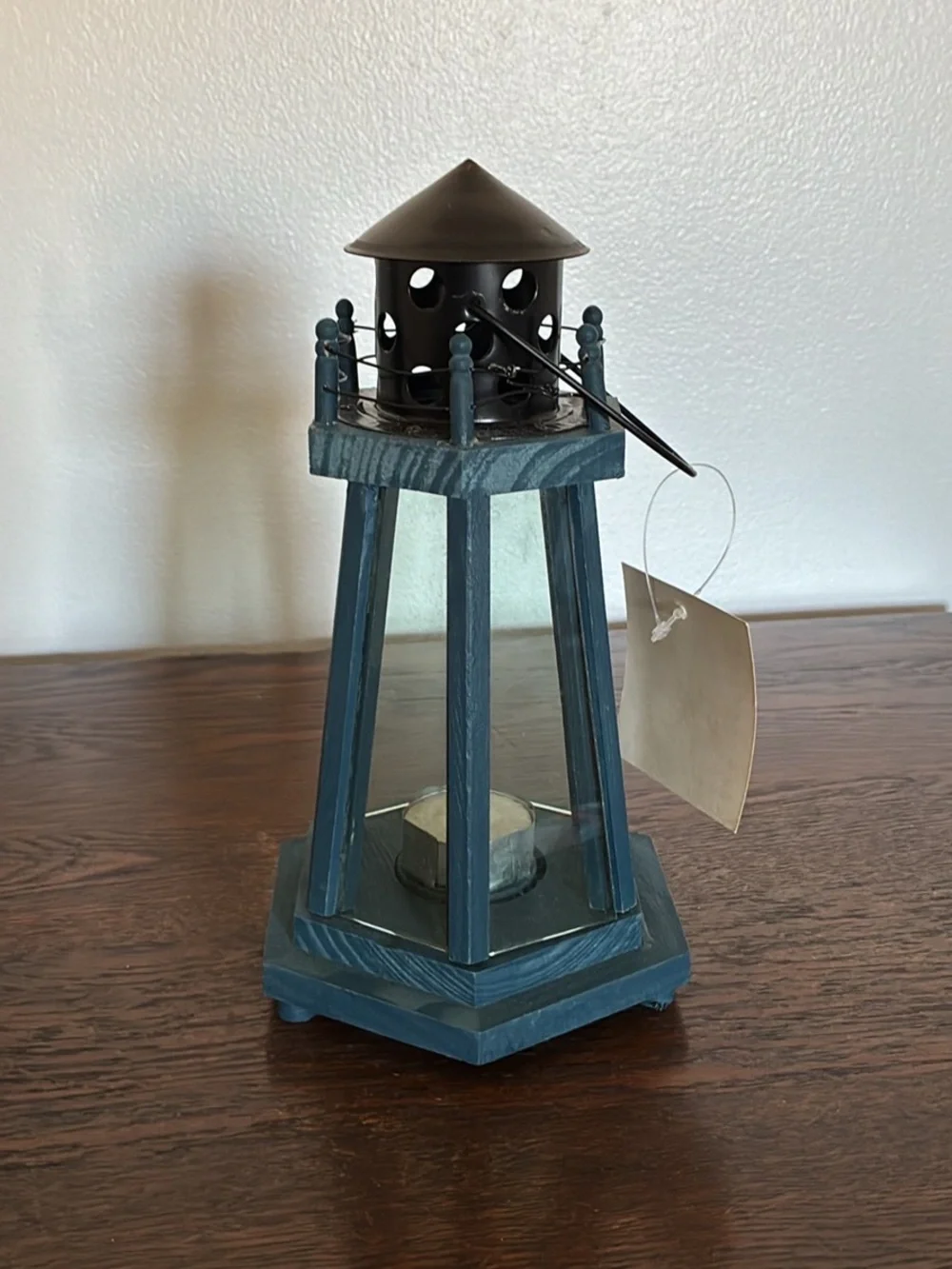 BNIB- Hand Painted- Blue Wood & Wire Lighthouse Candle Holder